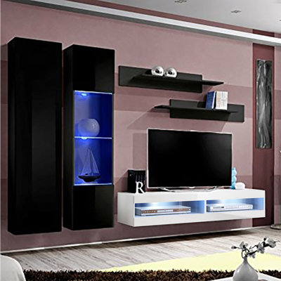 100" Modern Floating Wall Mounted Entertainment Center with 16-Color LED Lighting, High Gloss Finish