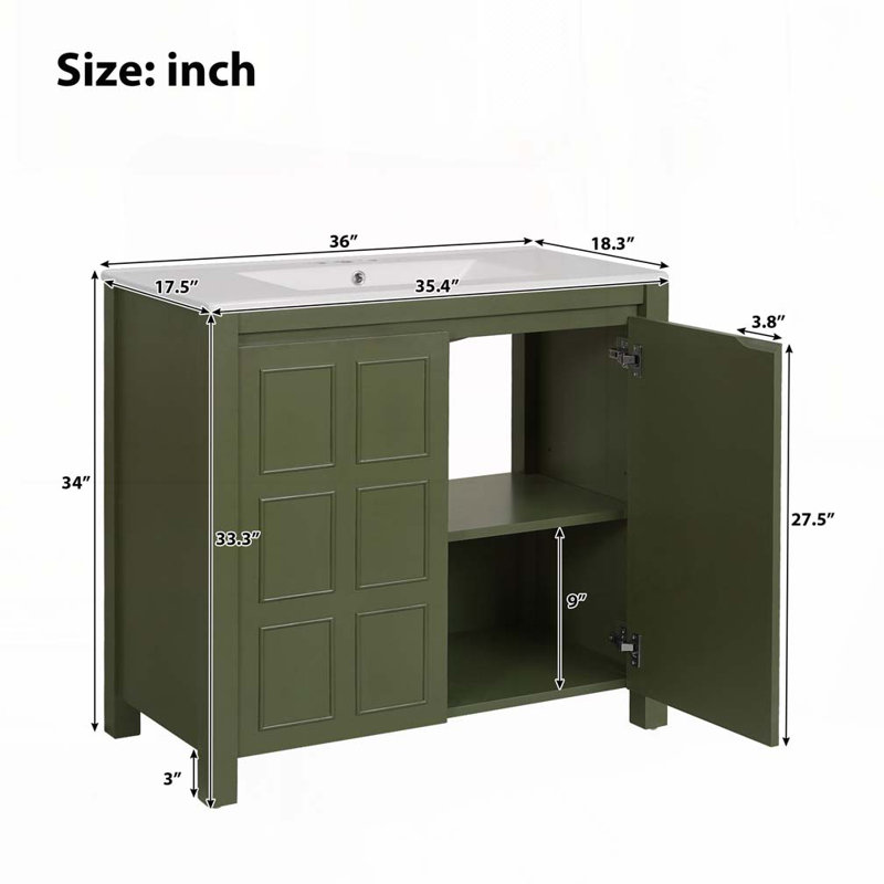 Meuble-lavabo de salle de bain avec lavabo en céramique, Vert olive