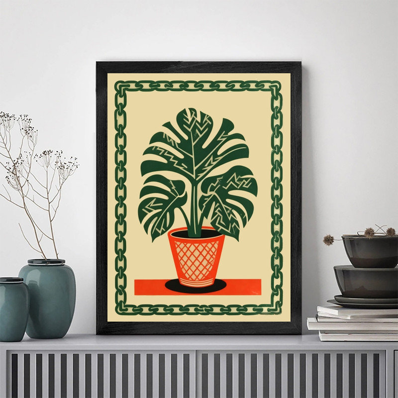 Reproduction botanique rétro encadrée noire Mid-Century, H 17 po x l 13 po