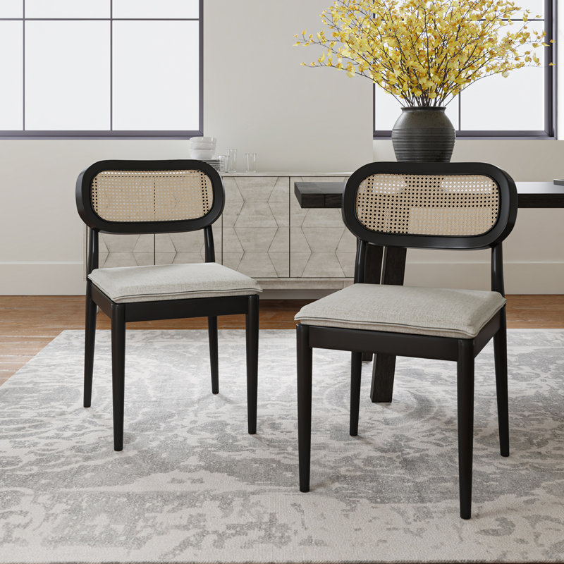 Amadou Modern Solid Wood Dining Chair with Rattan Backrest, Black
