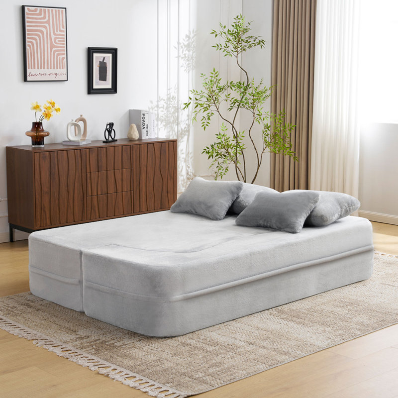 Grand canapé moderne grand format avec 4 coussins, canapé futon en tissu moelleux, matelas pliant en mousse haute densité