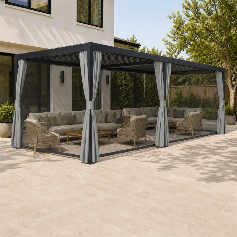 Pergola à auvent noir avec rideaux d'intimité et moustiquaire FLISE 12 pi x 20 pi, 12 pi x 20 pi, Black