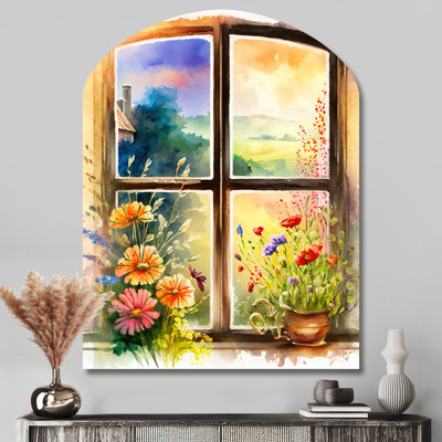 Été coucher de soleil floral fenêtre II - fenêtre de ferme asymétrique, décoration murale en métal