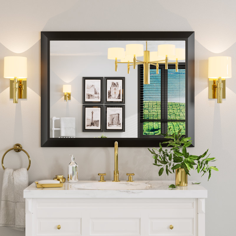 Miroir de salle de bain mural noir avec cadre en grain de bois noir et miroir en verre trempé de 4 mm, 36 po x 24 po