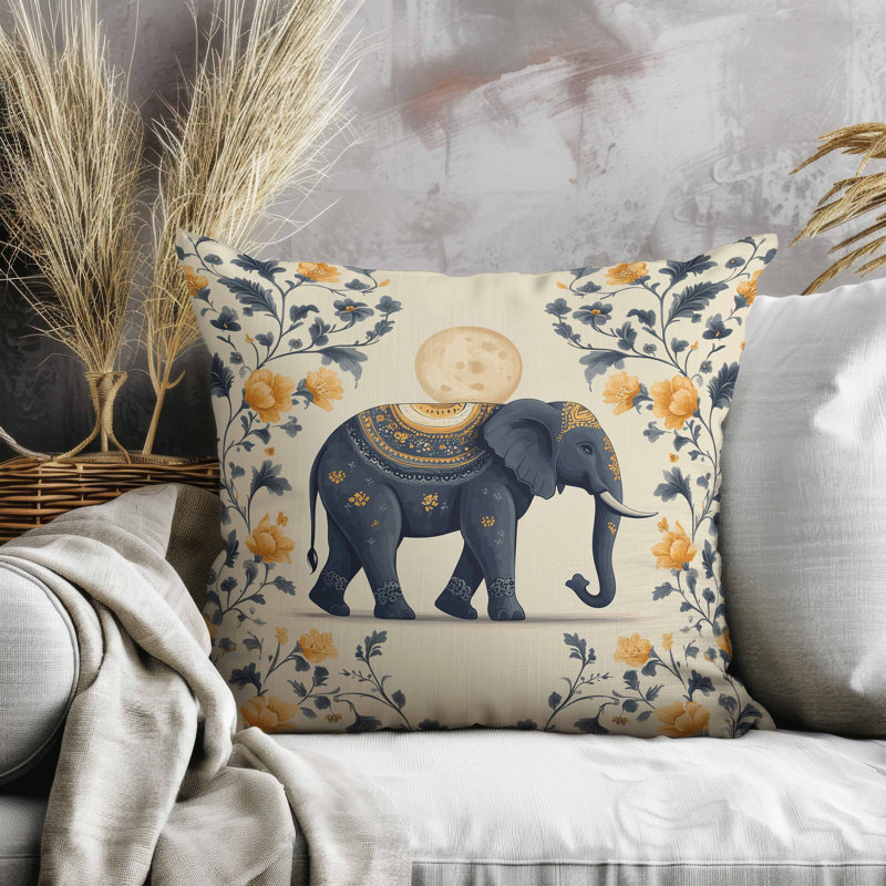 Oreiller en faux suède Moonbeam Elephant, Carré 16 po, Jaune/gris