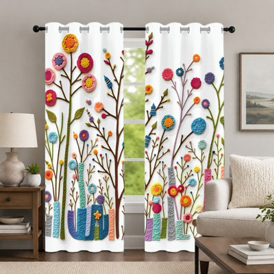 2Pcs Colorful Floral Pattern Curtains, Vibrant Botanical Style Curtain, Artistic Yarn-Effect Plant Print Grommet Drapes, Window Treatment for Bedroom Living Room Decor