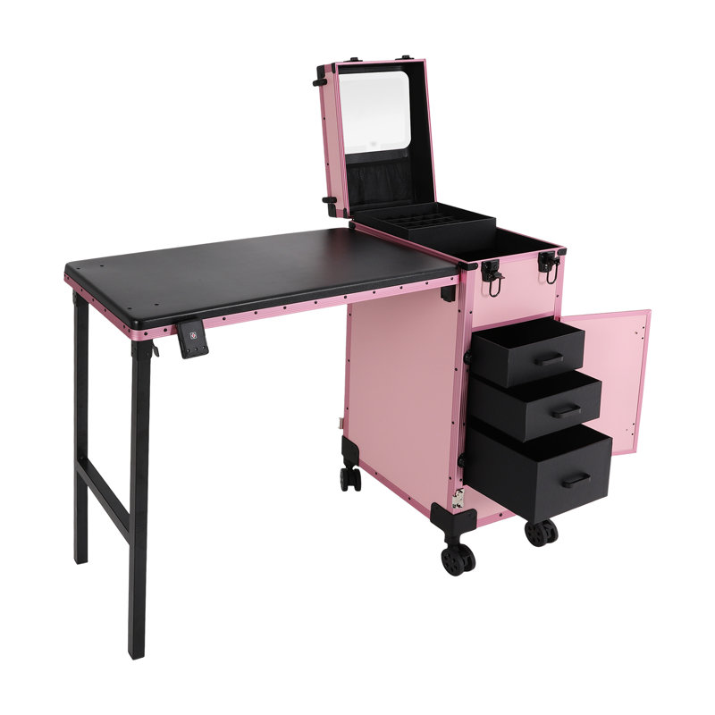 Table de manucure roulante pliable avec 3 tiroirs, Rose