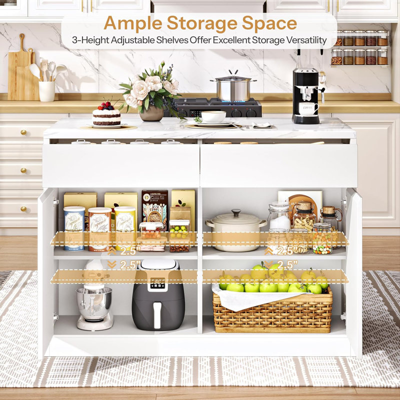 47.2" Faux Marble Countertop Kitchen Island with Storage & Seating Area, 3 Drawers, 2-Tier Cabinet, Coffee Bar Station, Dining Table for 2-4 People for Kitchen, Dining Room, Living Room