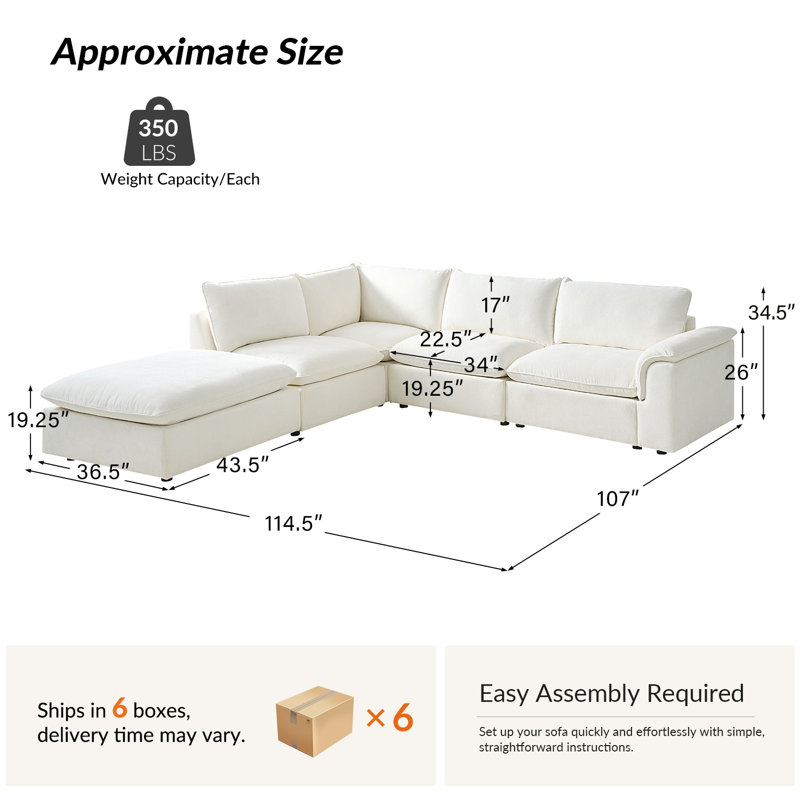 Canapé modulaire surdimensionné en forme de L de 114 po avec housse de coussin amovible Cioffi, Polyester ivoire