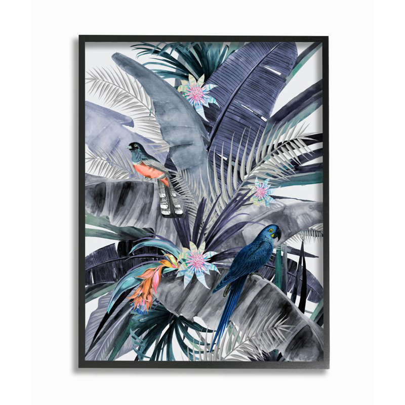 Tropical Jungle Parrot Bird Floral Scene Canvas Print in Black Frame