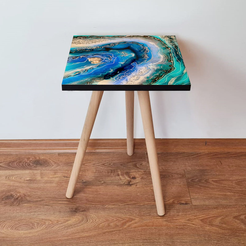 Abstract Marble Side Table, 100% MDF with Beech Wood Legs, 13.8 x 16.5 x 13.8 inches | Durable & Stylish Design | Perfect for Living Room, Bedroom, or Office | Modern Accent Furniture
