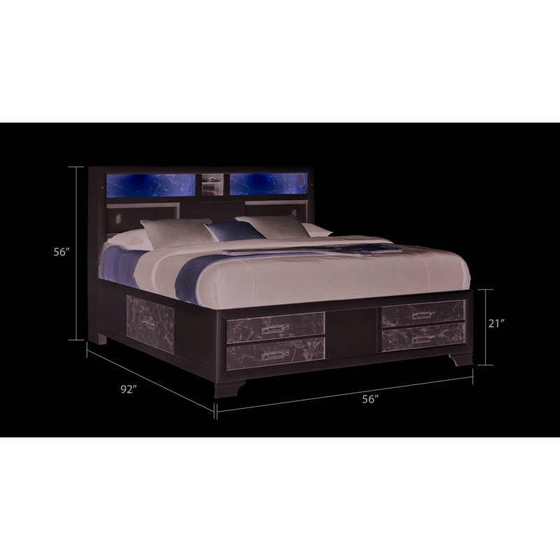 Contemporary, White Wood Full Bed, Marble Accents, Speakers, - C Charging Stylish Contemporary Bed With Frame, Headboard Lighting, Storage Drawers And Tech Setup