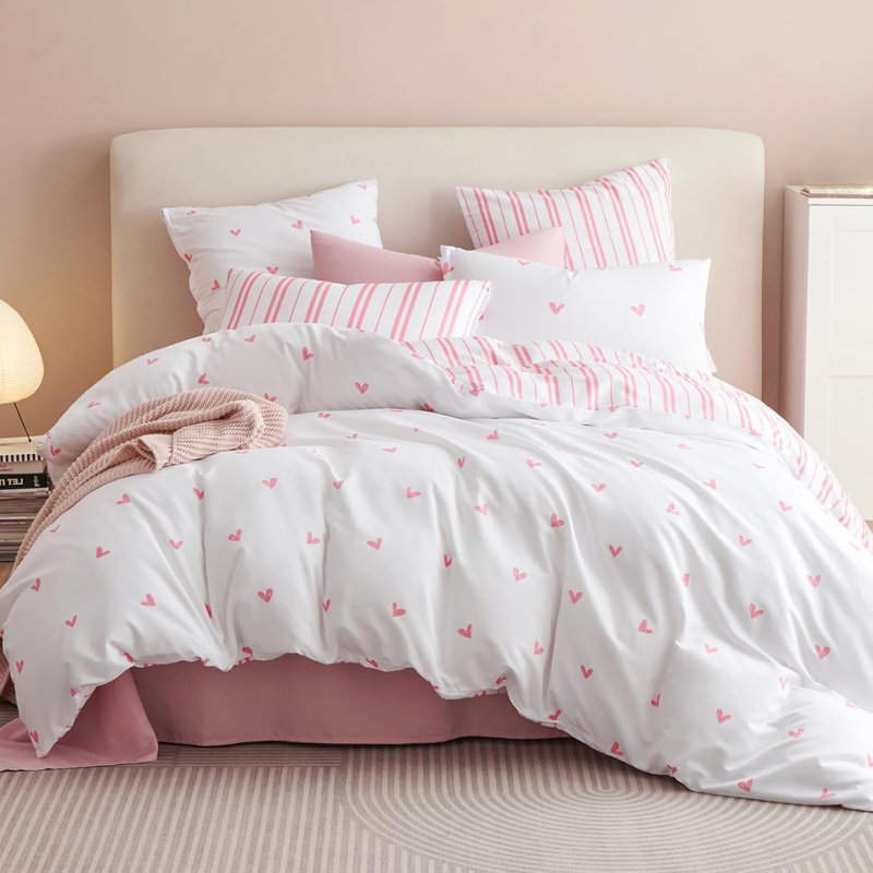 White Bedding Pink Heart Double Sided Set Microfiber Pink Stripe Bedding Set Duvet Cover With Zipper