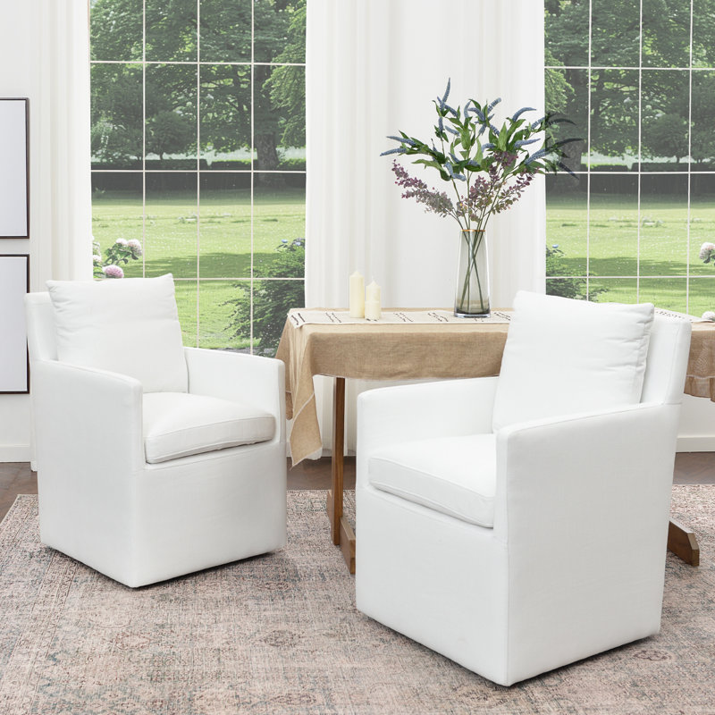 Chaise de salle à manger rembourrée en lin avec roulettes interchangeables et pieds fixes (ensemble de 2) Cathlino, Blanc