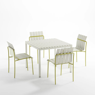4-Pack Modern Striped Color Block Chairs with Waterproof PP Seat and Sturdy Metal Legs for Indoor and Outdoor Use