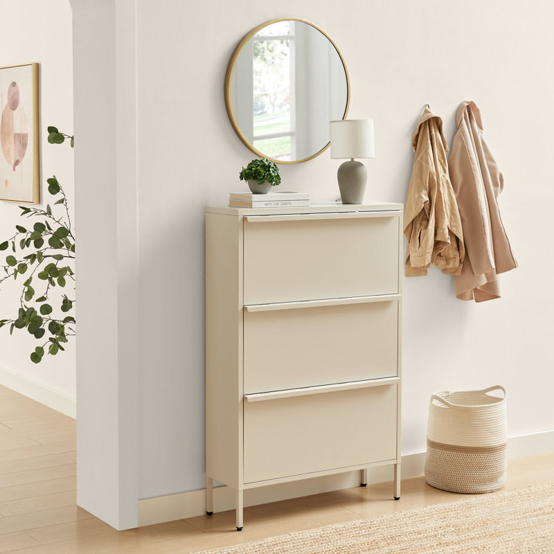 Erka Sleek Modern Metal Hallway Shoe Storage Cabinet With 3 Compartments - Bold Minimalist Style , Cream