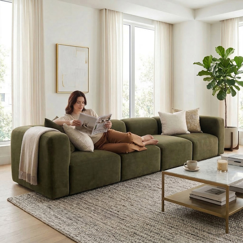Canapé modulaire surdimensionné 4 pièces avec velours performance, Vert olive