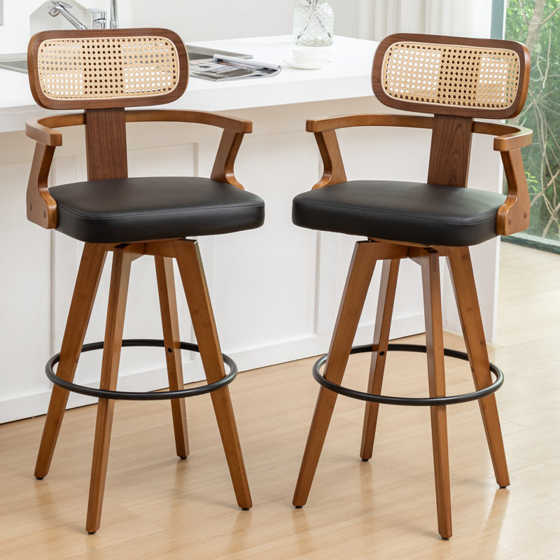 Swivel Upholstered Cane Back Bar Stools, Black, Bar Stool (30.31" Seat Height)