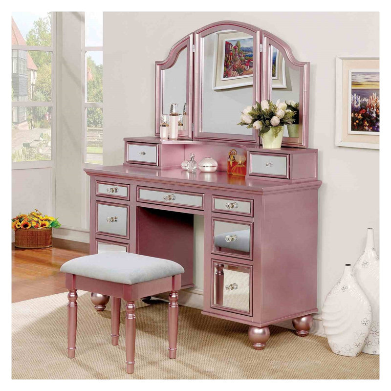 Transitional Rose Gold Vanity Table with Stool and 3-Sided Mirror, 5-Drawer Storage Dressing Set