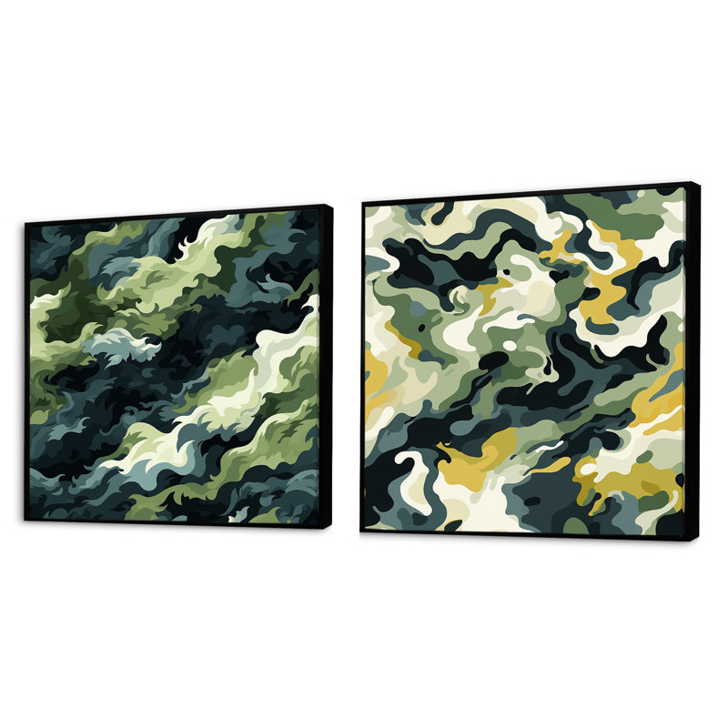 Urban Urban Camouflage Wilderness - Ensemble de 2 collages carrés abstraits, Cadre flottant noir, H 30 po x l 61 po