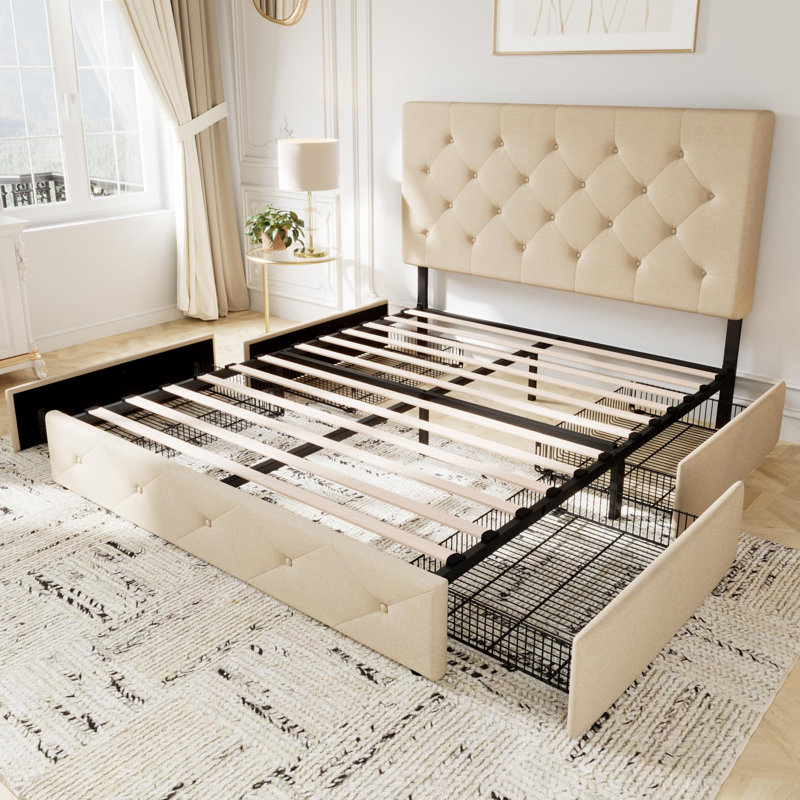 Structure de lit plateforme tapissier avec 4 tiroirs de rangement et tête de lit, capitonné à boutons modernes, Double, Beige