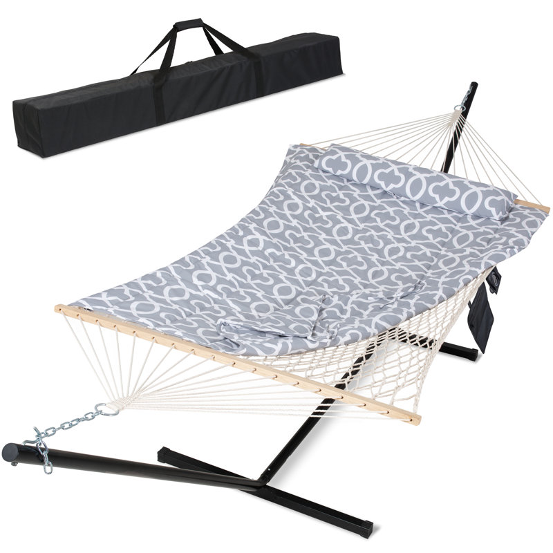 Hamac de bar avec support en corde de coton matelassée double Mejias, Motifs géométriques gris