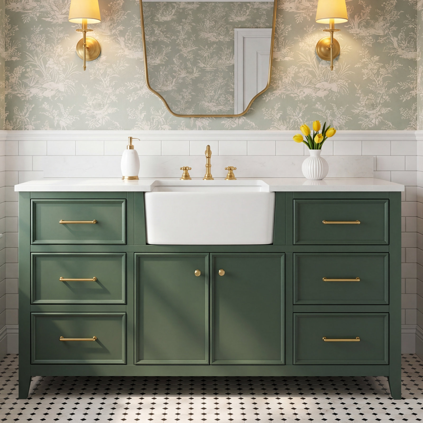 Aisa 60" Pine Single Bathroom Vanity, Evergreen/Brushed Gold
