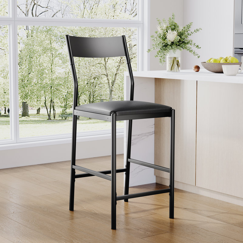  Ensemble de 2 tabourets de bar en cuir de polyuréthane, chaises de hauteur comptoir modernes avec dossier et repose-pieds incurvés en fer, capacité de 300 lb, structure en tube de fer