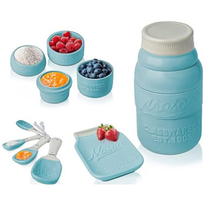 Ebern Designs Vintage Kitchenware Set Multi-piece Kitchen Ceramic Décor Set W/ 4 Measuring Cups, 4 Measuring Spoons And Spoon Rest - Attractive Vintage Style, In Aqua Blue Embossed Ceramic