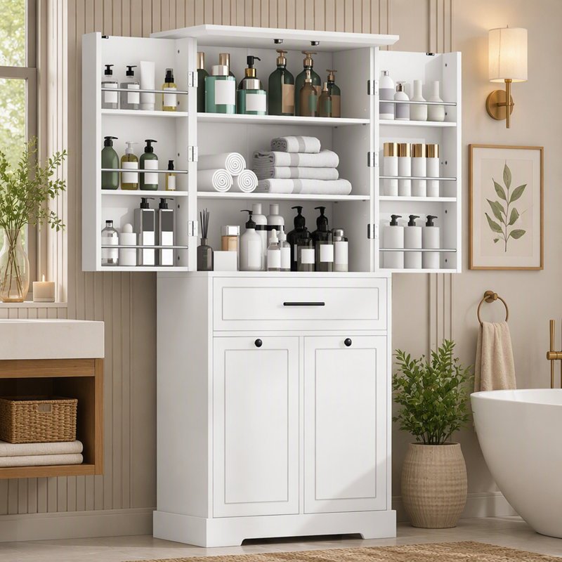 Armoire de rangement autoportante avec portes et tiroirs, panier à linge inclinable, tablette réglable, plusieurs espaces de rangement, blanc