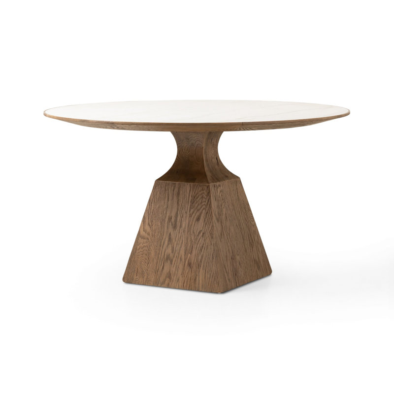 Sargon Round Stone Dining Table, Honed White Marble/Smoked Black