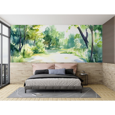 Sunny Forest Trail Watercolor Wallpaper – Peaceful Nature Trees And Path Wall Mural – Pastel Landscape Wallpaper For Bedroom, Entryway, Or Living Room Accent Wall
