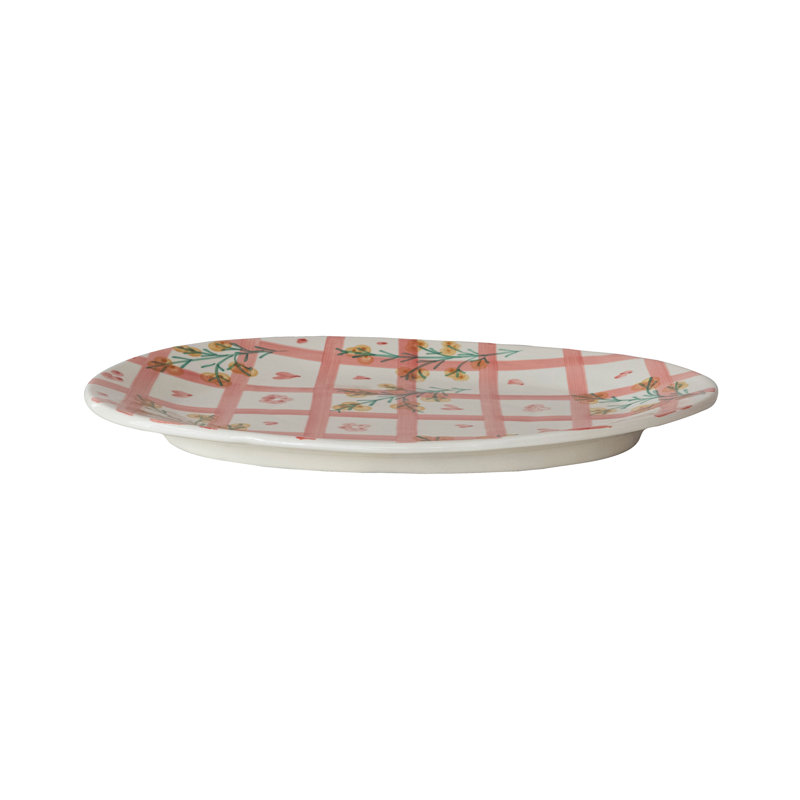 Hand-Painted Stoneware Oval Platter With Grid Pattern And Botanical Design