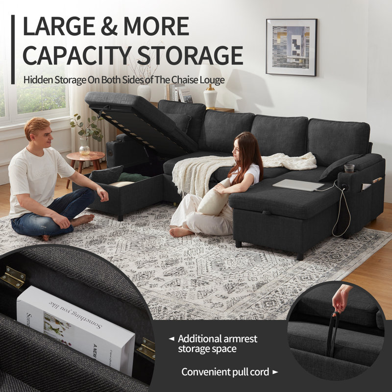 Canapé-lit 2 en 1 avec chargement par USB, méridienne de rangement, porte-gobelet pour appartement, salon