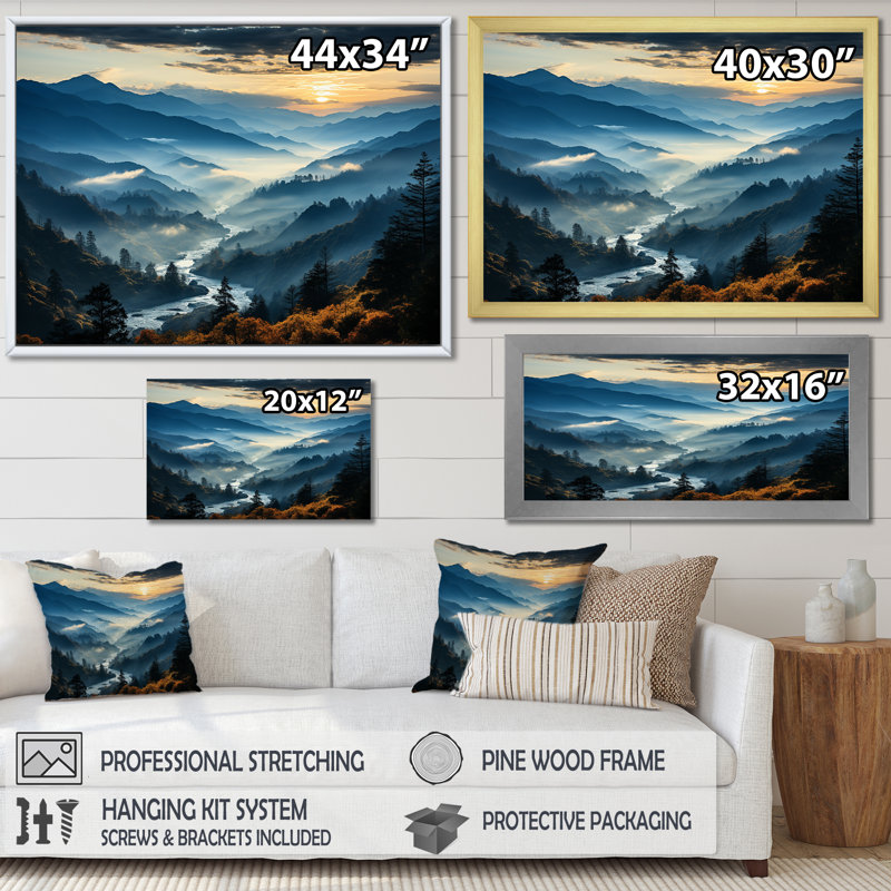 «Blue and green Majesty Mountain Panorama I», art mural encadré, H 30 po x l 40 po x P 1,5 po, Cadre d'angle fermé doré