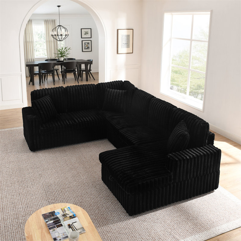 114" U-Shaped Sectional with Storage, Black Corduroy