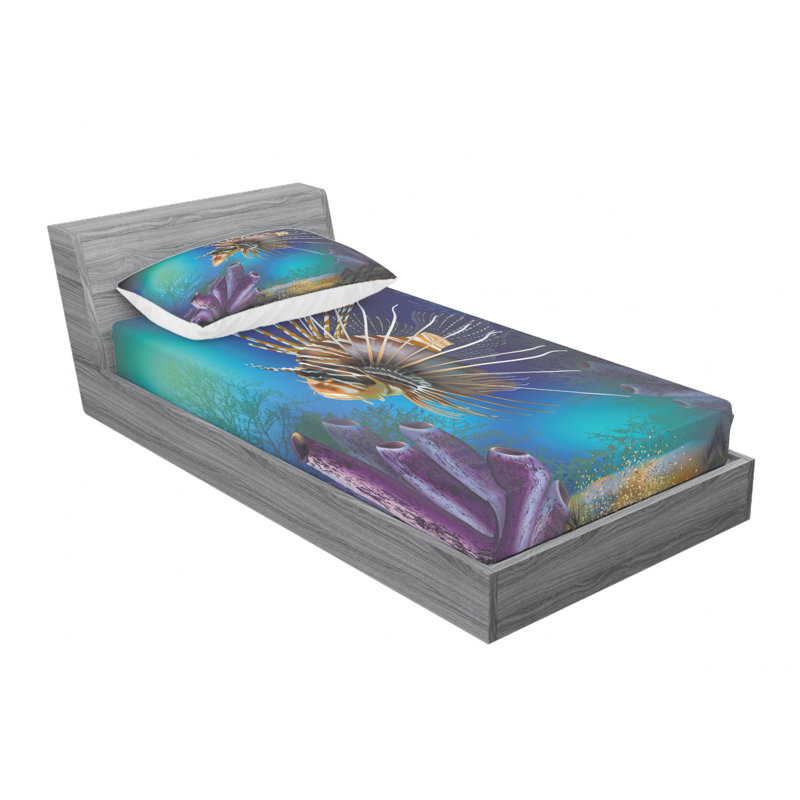 Ensemble de draps Underwater World Exotic Bubble Fish and Plants, Ensemble de draps pour lit simple avec drap-housse