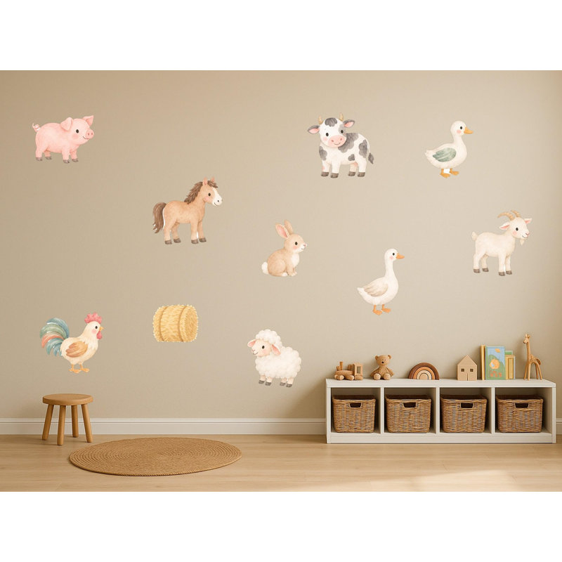 Farm Animal Wall Decals, Set of 10 Peel and Stick Nursery Wall Stickers, Satin Finish Removable Kids Room Wall Art, 20"W x 20"H (50 x 50 cm)