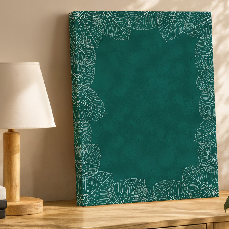 Toile, conception minimaliste avec fond vert foncé orné de délicats contours blancs de Monstera, H 30 po x l 40 po