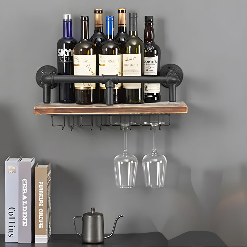 Wall Mounted Wine Rack Wooden Rustic Wine Bottle Glass Floating Shelf With Stemware Holder Modern Plant Photo Wine Display Storage Rack For Kitchen Dining Room Bar
