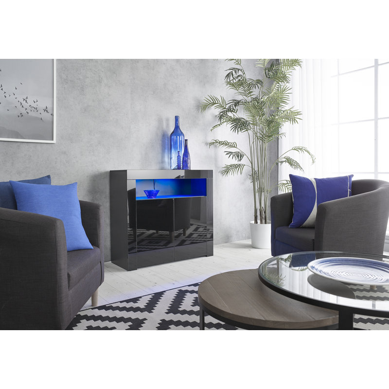 Tereza White Gloss Sideboard Cabinet, 2 Door Buffet with Lights, Adjustable Shelf, Glossy Doors, Black