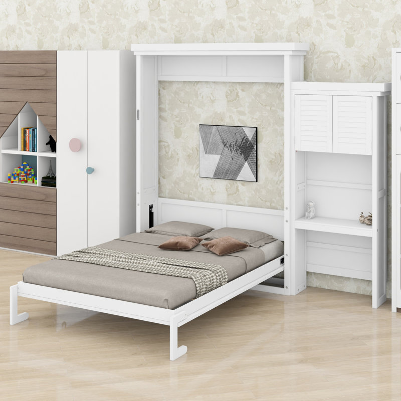 Lit escamotable peu encombrant avec plusieurs tablettes et conception à persiennes, Blanc