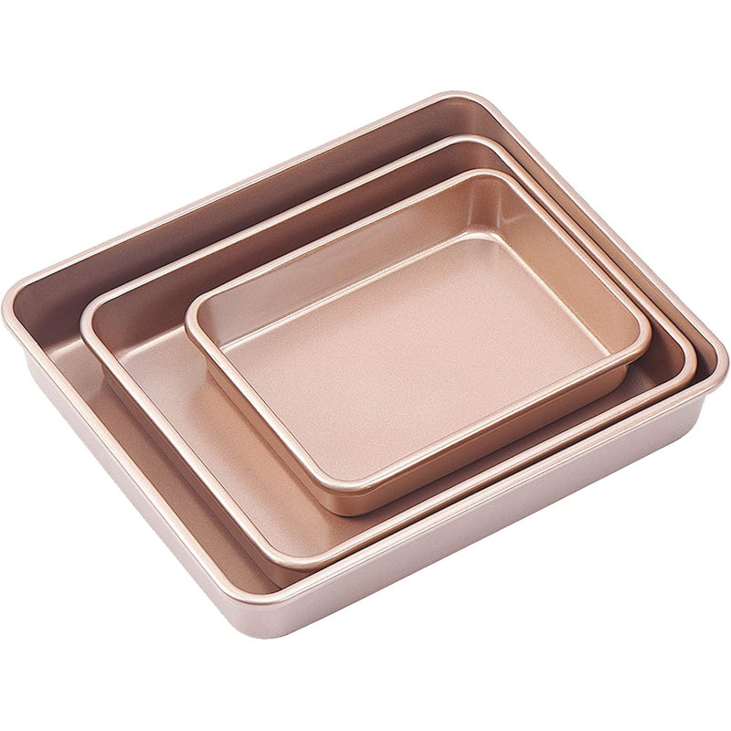 3-Pack Roasting Pan Set, Nonstick Baking Tray Set, Rectangular Bakeware For Oven, Non-Toxic Coating And Durable Quality, Gold