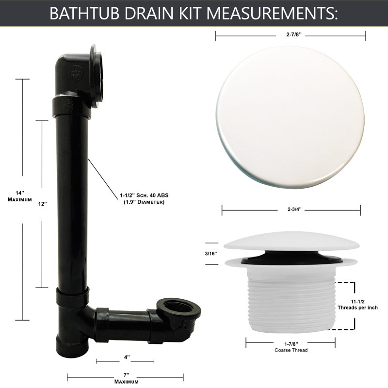 12 po et 4 po Drain de baignoire 40 pieds en ABS avec trop-plein sans débordement, Blanc thermolaqué