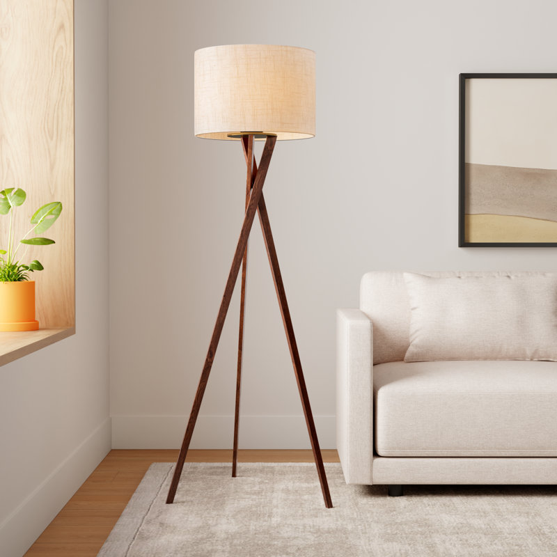 Harcourt 63'' White Textured Linen Shade Solid Wood Tripod Floor Lamp