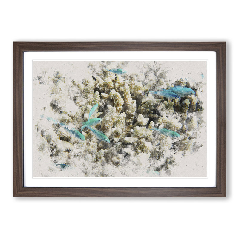 Coral Reef and Blue Fish - Picture Frame Painting, 65cm H x 90cm W x 2cm D, Walnut