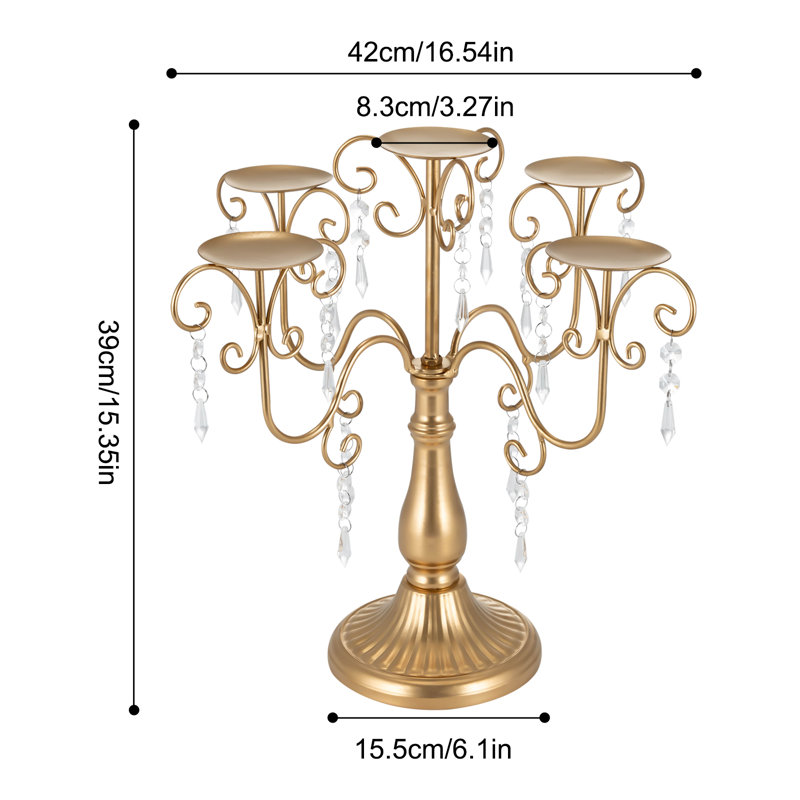 15.35"H Iron Tabletop Candelabra With Crystals Decor, Gold