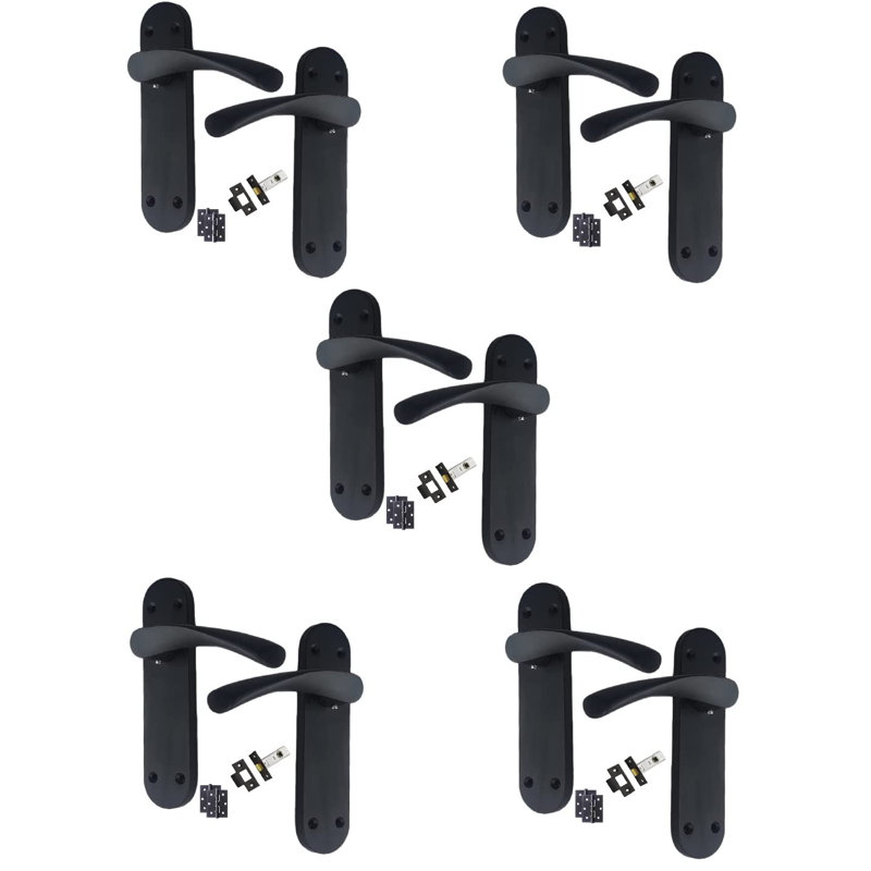 Golden Grace 5 Sets Astrid Door Handles on Backplate in Matt Black Finish with Ball Bearing Hinges & 64mm Tubular Latch - 182mm x 45mm Backplate