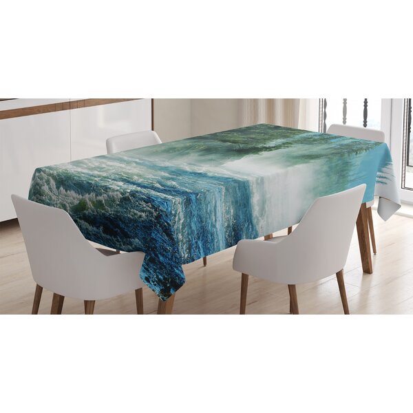 Yellowstone Decor Tablecloth, Fog on River Alpine Trees by the Bank  Wilderness Waterscape Picture Art, Rectangular Table Cover for Dining Room  Kitchen, 52 X 70 Inches, Green Blue, by Ambesonne 