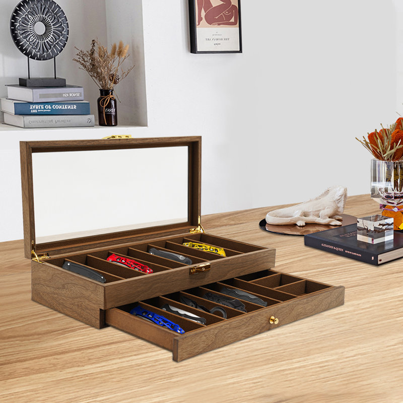 2-Tier Knife Display Case with Clear Glass Lid, Brown